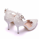 Msddl 9cm high heels, white lace, flowers, wedding shoes, one-shaped wristband, fine-heeled pointed toe sandals, dance shoes
