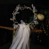 Msddl Wedding Bridal Veil with Wreath Hair Accessories for Bride Cut Edge 1-Layer with Tulle Flower Instagram Photo Props