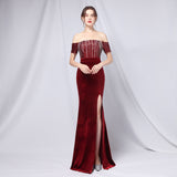 Msddl  2023 New Elegant Strapless Velour Evening Party Dress Burgundy Sequin Velvet Maxi Dress Women Off Shoulder Long Prom Dresses
