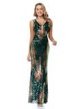 Msddl  2023 Dark Green V Neck V Back Sleeveless Formal Dress Sequins Women Evening Floor Length Prom Dresses