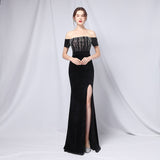 Msddl  2023 New Elegant Strapless Velour Evening Party Dress Burgundy Sequin Velvet Maxi Dress Women Off Shoulder Long Prom Dresses