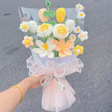 Msddl Finished Knit Flowers Bouquet Knitting Rose Tulip Fake Flowers Wedding Decoration Hand-woven Home Decorate Manual Flower Gift