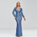Msddl  2023 New Women Elegant V-Neck Mermaid Evening Dress Floor Length Formal Prom Party Gown Sequins Long Sleeve Galadress Vestidos