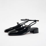 Msddl TRAF Womens Black Patent Leather Flats Shoes Female Elegant Ankle Strap Block Heel Slingbacks Woman Squared toe Sandals 2023