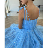 Msddl  2023 Shiny Sky Blue Spaghetti Strap Prom Dresses Sweetheart Corset A Line Tulle Tea Length Evening Party Dress Custom