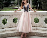 Msddl  2023 Elegant V Neck Short Prom Dresses Appliques Crystal Beading Sleeveless Tulle A-Line Ankle Length Party Evening Gown
