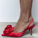 Msddl TRAF Autumn Flower Slingbacks Pumps Women Pointed toe Weddings Bridal High Heels Red Thin Heel Sandals Ladies Heeled Shoe