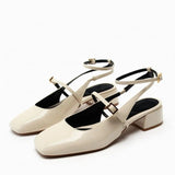 Msddl 2023 TRAF Black Leather Heeled Sandals For Women Summer Squared Toe Block Heel High Heels Female Comfort Plus Size Pump Shoes