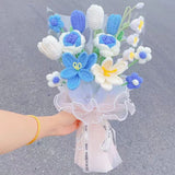 Msddl Finished Knit Flowers Bouquet Knitting Rose Tulip Fake Flowers Wedding Decoration Hand-woven Home Decorate Manual Flower Gift