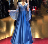 Msddl  2023 New Arrival Royal Blue Sequin Appliques Evening Dresses Long Trumpet Sleeve 2023 Satin A-Line Shiny Party Prom Gowns