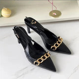 Msddl TRAF Summer Pu Leather High Heels Women Fashion Chain Pumps Office Lady Slingback Pumps Luxury Comfort Sandals Pointed Toe Shoes