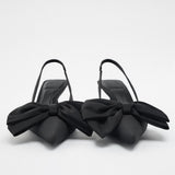 Msddl TRAF Black Slingback Heels With Bow For Women Summer Pointed Toe Heeled Pumps Woman Elegant Wedding Heels Casual Stiletto Shoes