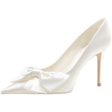 Msddl French White Satin High Heels Wedding Shoes Bridal Bow Single Shoes Women