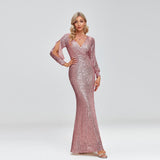 Msddl  2023 New Women Elegant V-Neck Mermaid Evening Dress Floor Length Formal Prom Party Gown Sequins Long Sleeve Galadress Vestidos