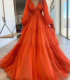 Msddl  Luxury Elegant Orange Prom Dresses 2023 Puff Long Sleeves Sexy Deep V-Neck Pleated Splicing Chiffon Evening Party Gowns