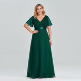 Msddl  Plus Size Women Chiffon Evening Dress Ruffe Sleeve A Line Wedding Party Dresses Floor Length V Neck Robe De Soriee Prom Gowns