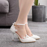 Msddl 9cm high heels, white lace, flowers, wedding shoes, one-shaped wristband, fine-heeled pointed toe sandals, dance shoes