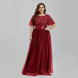 Msddl  Women's Plus Size Mesh A-Line Sequin Embroidery Evening Dress Leaf  Maxi Prom Dress With Sleeves For Wedding Dress 2023