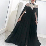 Msddl  Black Muslim Evening Dresses High Neck Caped Crystals Chiffon Dubai Kftan Saudi Arabic Formal Evening Gown Long Prom Dress