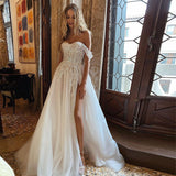 Msddl Boho Wedding Dresses Crystal Beading Off the Shoulder Lace Appliques A-Line Wedding Gown Sweetheart Bridal Gown