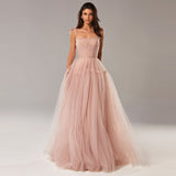 Msddl Blush Pink/Blue Long Prom Dresses Spaghetti Straps Tiered Skirt A-Line Party Dresses Pleated Tulle Formal Gowns