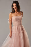 Msddl Blush Pink/Blue Long Prom Dresses Spaghetti Straps Tiered Skirt A-Line Party Dresses Pleated Tulle Formal Gowns