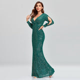 Msddl  Women Formal Party Dresses Full Sleeve V Neck Cocktail Dress Shinning Sequins Mermaid Prom Gowns Eleagent Floor Length Vestidoes