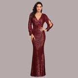 Msddl  Women Formal Party Dresses Full Sleeve V Neck Cocktail Dress Shinning Sequins Mermaid Prom Gowns Eleagent Floor Length Vestidoes