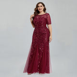 Msddl  Women Plus Size Sequin Mesh Embroidery Mermaid  Evening Dress Formal Short Sleeve Elegant Party Prom Gowns 2023 New Long Dress