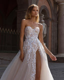 Msddl Boho High Side Split Wedding Dresses Lace Appliques Sweetheart A-Line Bride Dress Sleeveless Princess Bride Gown