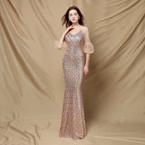 Msddl  Women Sequins V-Neck Formal Dresses Wedding Mermaid Party Dress  Long Sleeve Off Shoulder Floor-Length Prom Vestidoes 2023 New