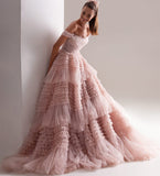 Msddl Dusty Pink Long Prom Dresses Sweetheart Crumpled Tulle Ruffles Evening Dresses Off Shoulder Tiered A-Line Party Dress