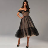 Msddl  Black Polka Dots Tulle Midi Prom Dresses Off The Shoulder Tea-Length A-Line Evening Gowns Lace-Up Formal Party Dress