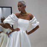 Msddl Back to school Vintage Satin Wedding Dresses Off The Shoulder Short Puffy Sleeves Ankle Length A-Line Simple Wedding Party Gowns