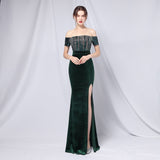 Msddl  2023 New Elegant Strapless Velour Evening Party Dress Burgundy Sequin Velvet Maxi Dress Women Off Shoulder Long Prom Dresses