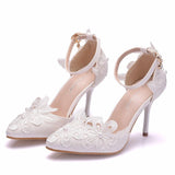 Msddl 9cm high heels, white lace, flowers, wedding shoes, one-shaped wristband, fine-heeled pointed toe sandals, dance shoes