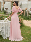 Msddl  Women Pink Bridesmaid Dresses Long Elegant A Line V Neck Ruffles Chiffon Formal Wedding Party Dress 2023 New Long Prom Dress