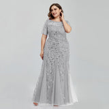 Msddl  Women Plus Size Sequin Mesh Embroidery Mermaid  Evening Dress Formal Short Sleeve Elegant Party Prom Gowns 2023 New Long Dress