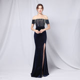 Msddl  2023 New Elegant Strapless Velour Evening Party Dress Burgundy Sequin Velvet Maxi Dress Women Off Shoulder Long Prom Dresses