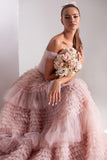 Msddl Dusty Pink Long Prom Dresses Sweetheart Crumpled Tulle Ruffles Evening Dresses Off Shoulder Tiered A-Line Party Dress
