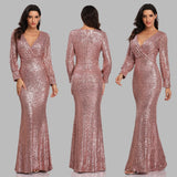 Msddl  Women Formal Party Dresses Full Sleeve V Neck Cocktail Dress Shinning Sequins Mermaid Prom Gowns Eleagent Floor Length Vestidoes