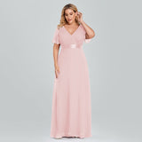 Msddl  Plus Size Women Chiffon Evening Dress Ruffe Sleeve A Line Wedding Party Dresses Floor Length V Neck Robe De Soriee Prom Gowns