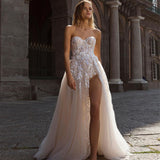 Msddl Boho High Side Split Wedding Dresses Lace Appliques Sweetheart A-Line Bride Dress Sleeveless Princess Bride Gown