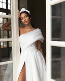 Msddl Boho High Side Split Wedding Dresses Lace Appliques One Shoulder Bride Gowns with Big Bow Sleeveless A-Line Dress