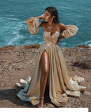 Msddl  Elegant Gold Evening Dresses 2023 New Dubai Formal Gowns Sexy Sweet-Heart Neck High Split Sparkling Party Prom Dress Arabic