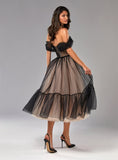 Msddl  Black Polka Dots Tulle Midi Prom Dresses Off The Shoulder Tea-Length A-Line Evening Gowns Lace-Up Formal Party Dress