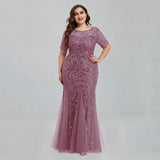 Msddl  Women Plus Size Sequin Mesh Embroidery Mermaid  Evening Dress Formal Short Sleeve Elegant Party Prom Gowns 2023 New Long Dress