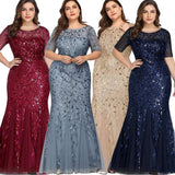 Msddl  Plus Size Sequin Mesh Mermaid Slim Evening Dress Beaded Leaves Pattern Formal  Women Elegant Party Prom Gowns Short Sleeve