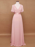 Msddl  Women Pink Bridesmaid Dresses Long Elegant A Line V Neck Ruffles Chiffon Formal Wedding Party Dress 2023 New Long Prom Dress