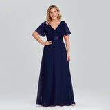 Msddl  Plus Size Women Chiffon Evening Dress Ruffe Sleeve A Line Wedding Party Dresses Floor Length V Neck Robe De Soriee Prom Gowns